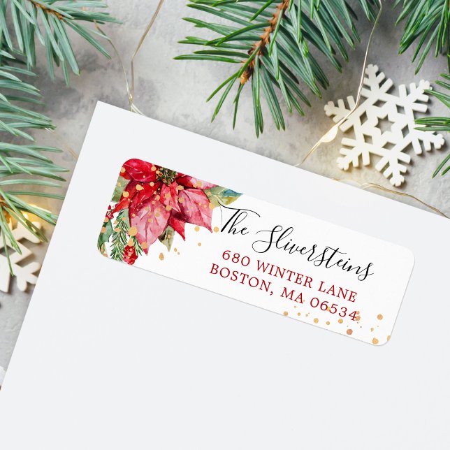 Christmas Poinsettia Gold Splash Adresse de retour (Christmas Watercolor Poinsettia  with Faux Gold Splash Return Address Label)