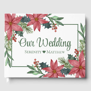 Christmas Poinsettia Green Red Floral Wedding Guest Book
