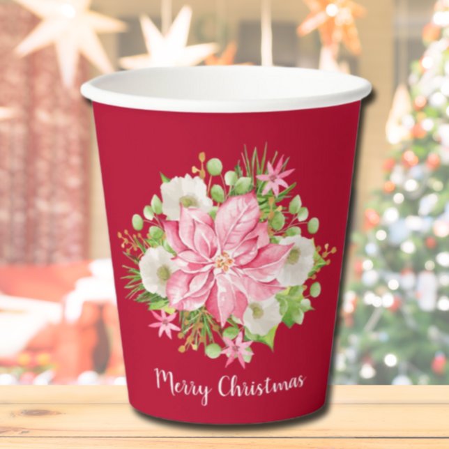 Christmas Poinsettia Greenery Holiday Paper Cups (Creator Uploaded)