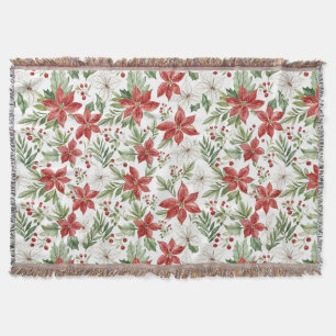 Christmas Poinsettia in Red and White  Throw Blanket