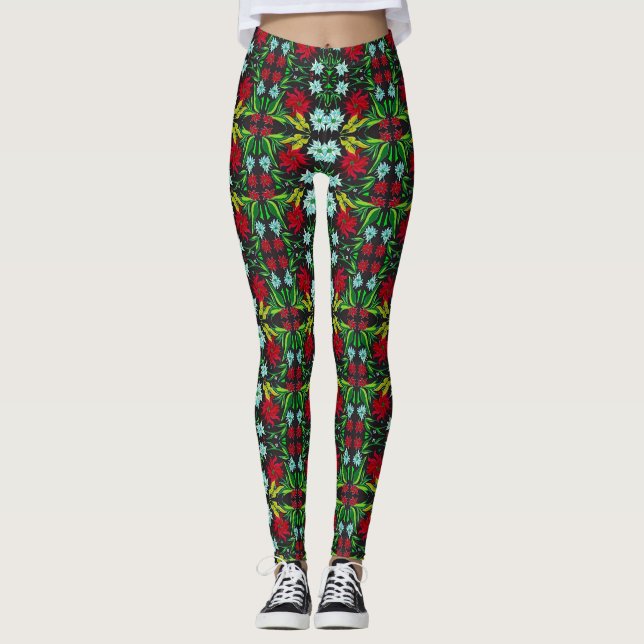 Christmas Poinsettia Leggings Women's Stretch (Front)