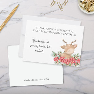 Christmas Poinsettia Little Deer Birthday Party Thank You Card