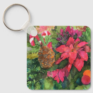 Christmas Poinsettia Original Watercolor Painting Keychain