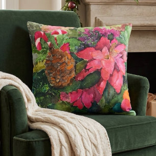 Christmas Poinsettia Original Watercolor Painting Throw Pillow