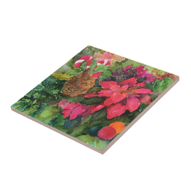 Christmas Poinsettia Original Watercolor Painting Tile (Side)