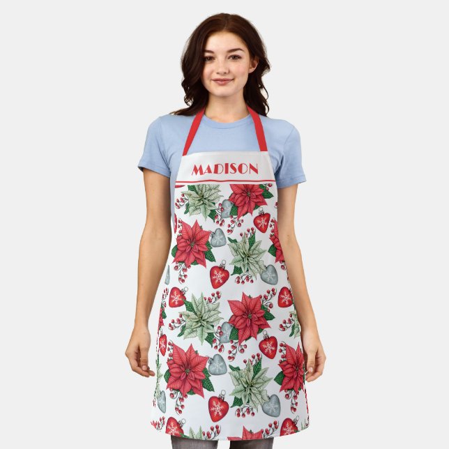 Christmas Poinsettia Pattern  Apron (Worn)