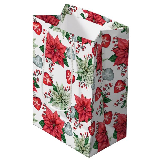 Christmas Poinsettia Pattern Medium Gift Bag (Front Angled)