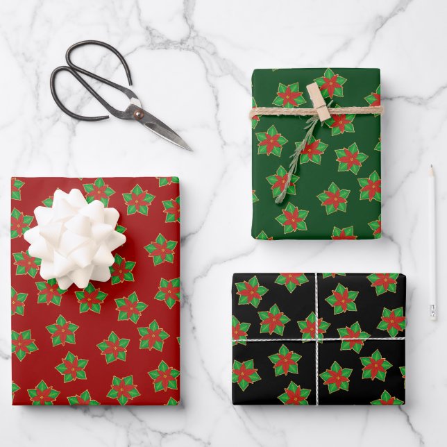 Christmas Poinsettia Pattern Wrapping Paper Sheet (Front)