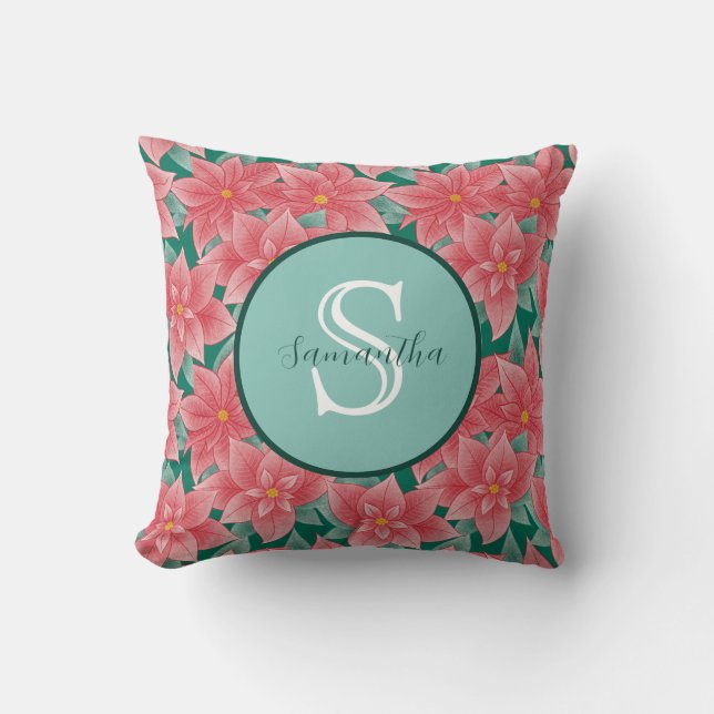 Christmas Poinsettia Personalized Monogram Throw Pillow (Front)