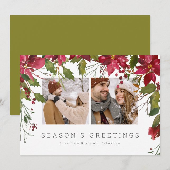 Christmas Poinsettia Photo Personalized Holiday Card (Front/Back)