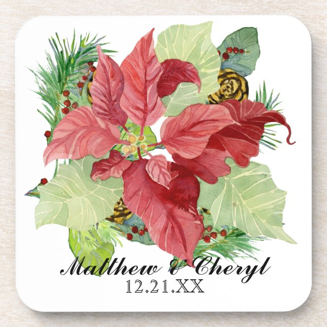 Christmas Poinsettia Pine Cone Gift Personalized Coaster (Front)