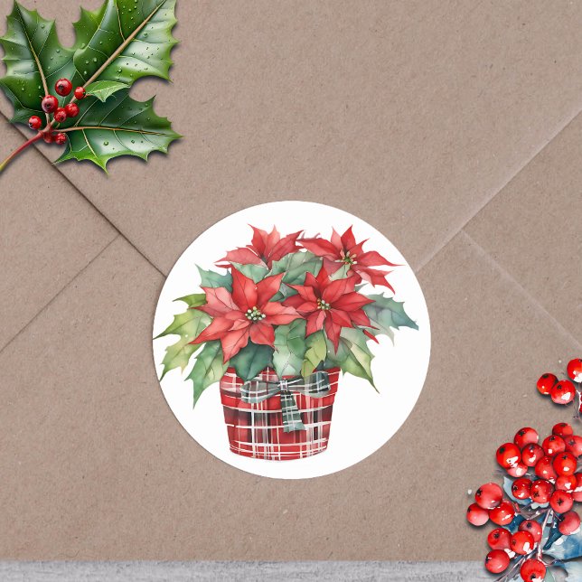 Christmas Poinsettia Plant Watercolor  Holiday Classic Round Sticker (Creator Uploaded)