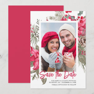 Christmas Poinsettia Red Floral Holly Pine Save The Date