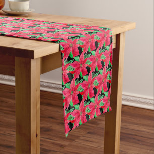 Christmas Poinsettia Red Floral Watercolor Short Table Runner