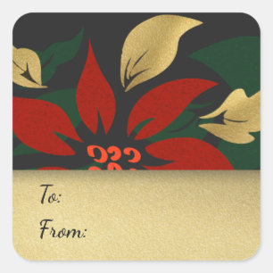 Christmas Poinsettia Red & Gold Gift Tag Sticker