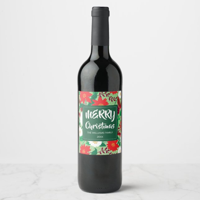 Christmas Poinsettia Red White Floral Monogram Wine Label (Front)