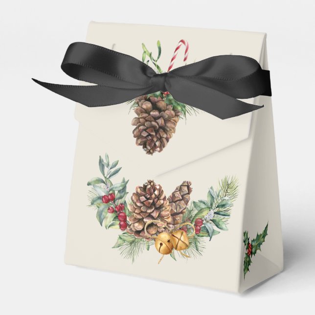 Christmas poinsettia, robin, pine, cones, holly favor box (Front Side)