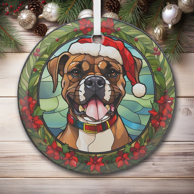 Christmas Poinsettia Santa Hat Boxer Dog Glass Ornament (Creator Uploaded)