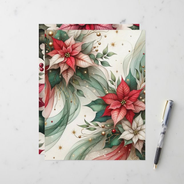 Christmas Poinsettia Scrapbook Paper (Front/Back In Situ)