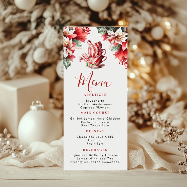 Christmas Poinsettia Tea Party Flat Menu (Christmas Poinsettia Tea Cup Menu Card)