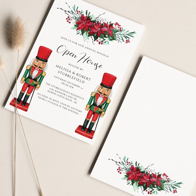 Christmas Poinsettia Toy Nutcracker Open House Invitation (Toy Nutcracker Christmas Party Invitation)
