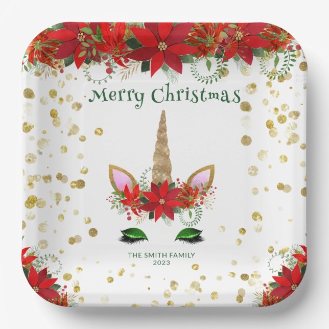 Christmas Poinsettia Unicorn with Green Font Party Paper Plate (Front)