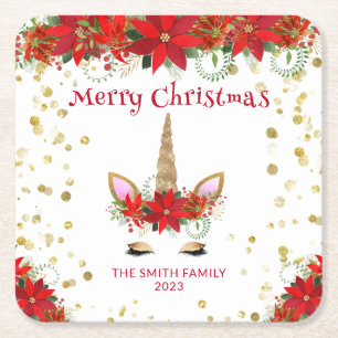 Christmas Poinsettia Unicorn with Red Font Party Square Paper Coaster