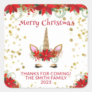 Christmas Poinsettia Unicorn with Red Party Favour Square Sticker
