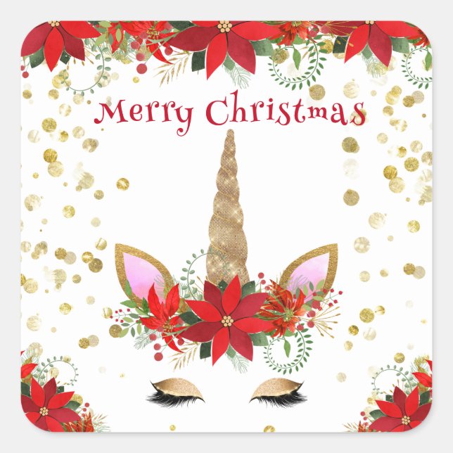 Christmas Poinsettia Unicorn with Red Party Favour Square Sticker (Front)
