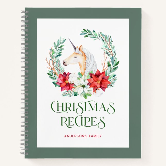 Christmas poinsettia & unicorn wreath notebook (Front)