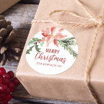 Christmas Poinsettia Watercolor Botanical Classic Round Sticker<br><div class="desc">This simple classic Merry Christmas sticker features a festive Christmas sprig of holly,  pine,  and poinsettia.</div>