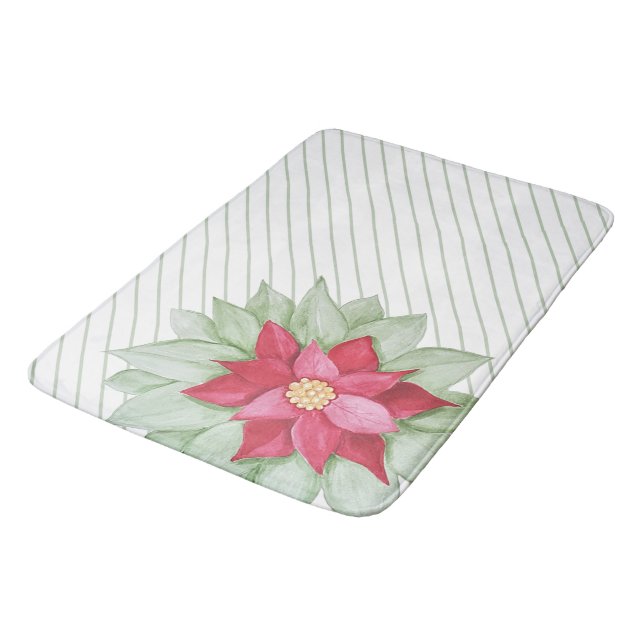 Christmas Poinsettia Watercolor Hand-painted Bath Mat (Angled)