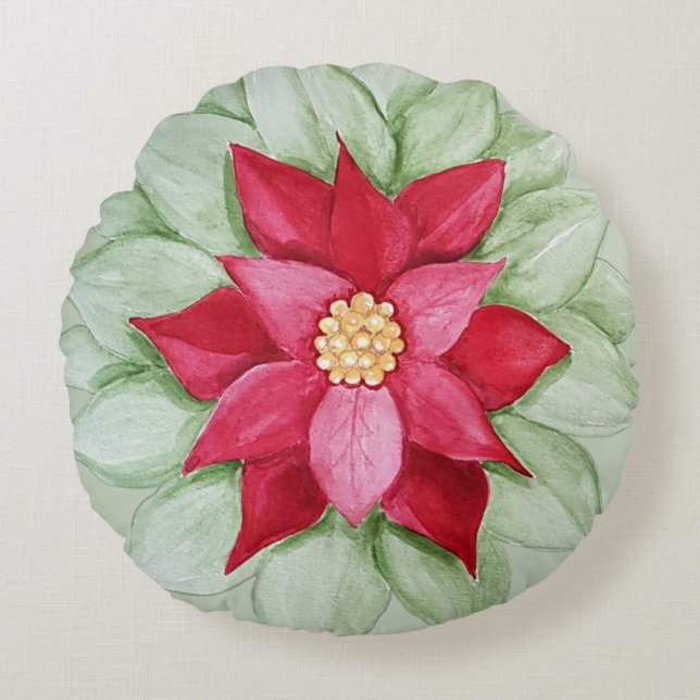 Christmas Poinsettia Watercolor Hand-painted Round Pillow (Front)