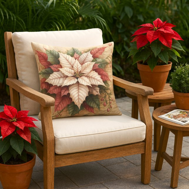 Christmas Poinsettia White and Red Porch or Patio  Outdoor Pillow (Creator Uploaded)