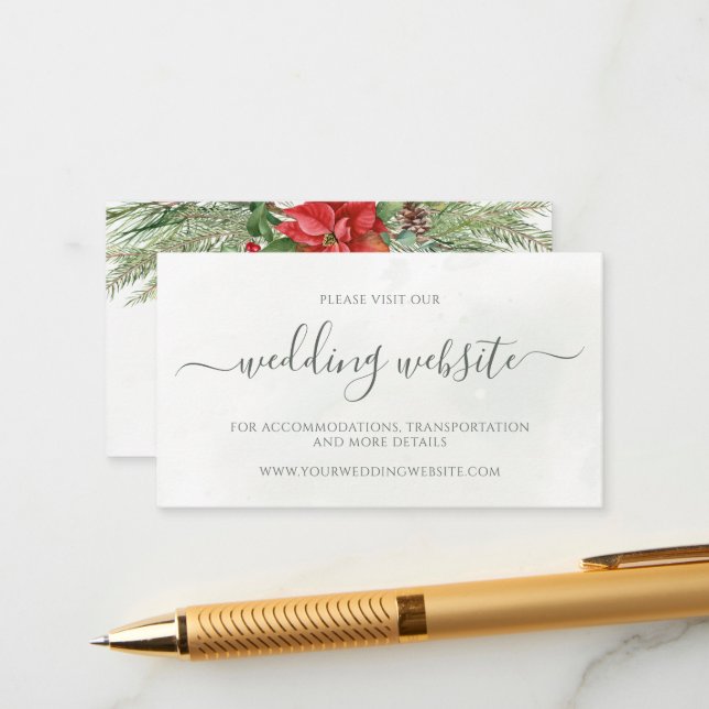 Christmas Poinsettia Winter Greenery Wedding Enclosure Card (Front/Back In Situ)
