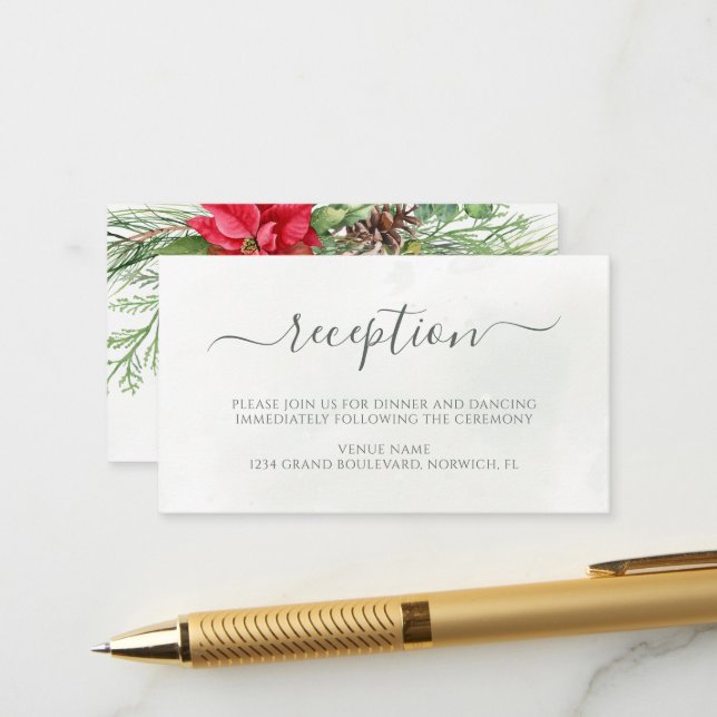 Christmas Poinsettia Winter Greenery Wedding Enclosure Card (Front/Back In Situ)