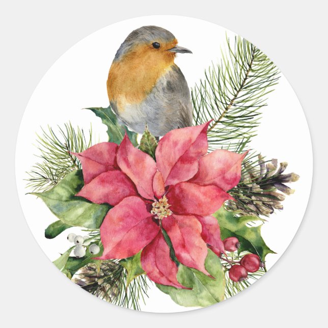 Christmas Poinsettia with Bird Classic Round Sticker (Front)