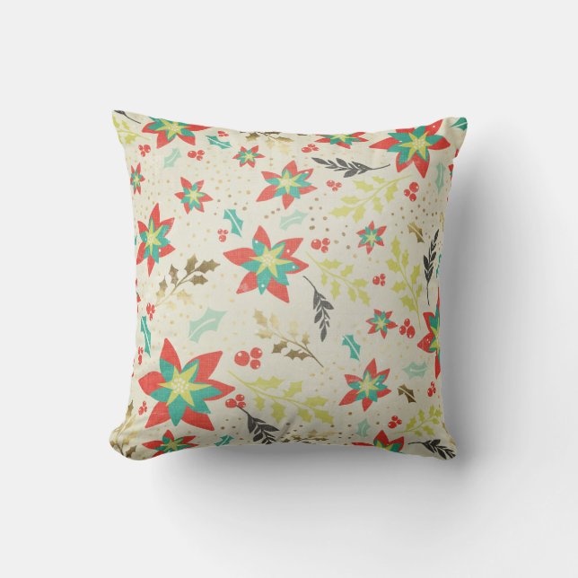 Christmas Poinsettia with Leaves & Berries Throw Pillow (Front)