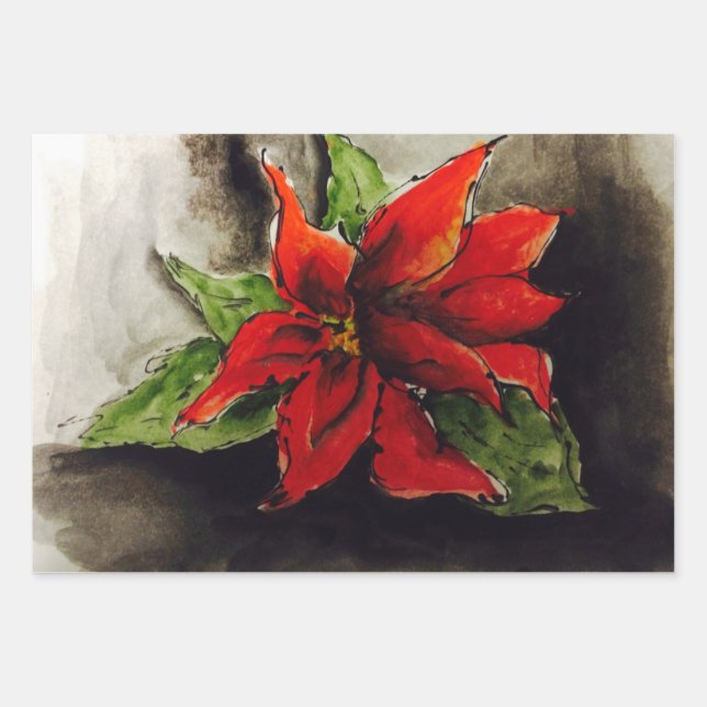 Christmas Poinsettia Wrapping Paper Sheet (Front)