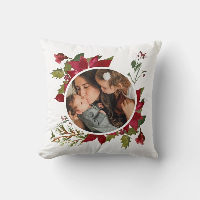 Christmas Poinsettia Wreath Photo Throw Pillow (Front)