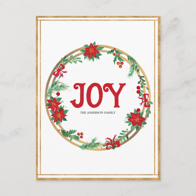 Christmas Poinsettia Wreath Red Golden Green  Postcard (Front)