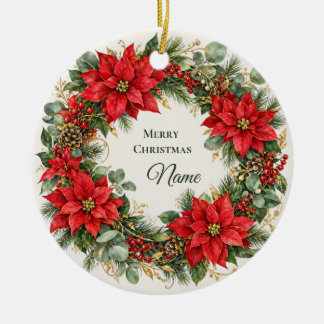 Christmas Poinsettia Wreath with Custom Name Ceramic Ornament
