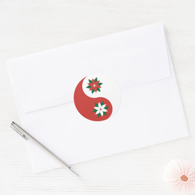 Christmas Poinsettia Yin Yang Classic Round Sticker (Envelope)