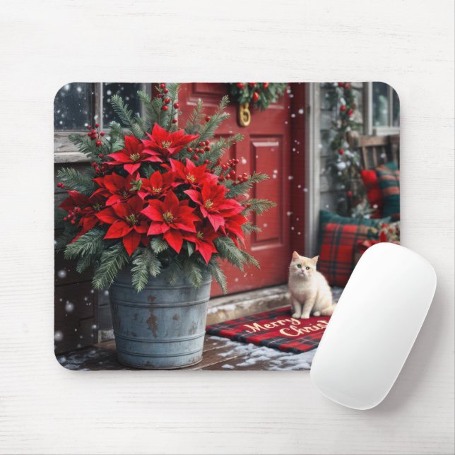Christmas Poinsettias and White Cat Mouse Pad (With Mouse)