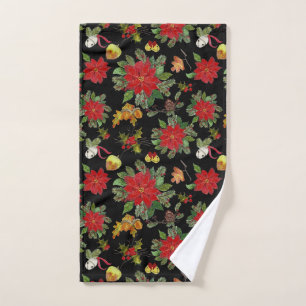 Christmas Poinsettias Bells Acorns Pine Cones Hand Towel