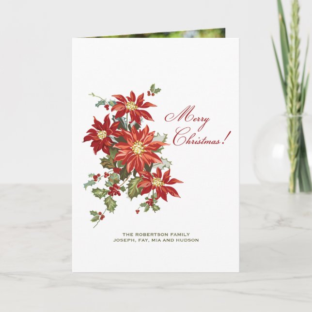 Christmas Poinsettias Folded Holiday Photo Card (Front)