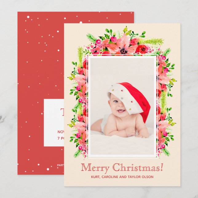 Christmas Poinsettias Photo Birth Announcements (Front/Back)