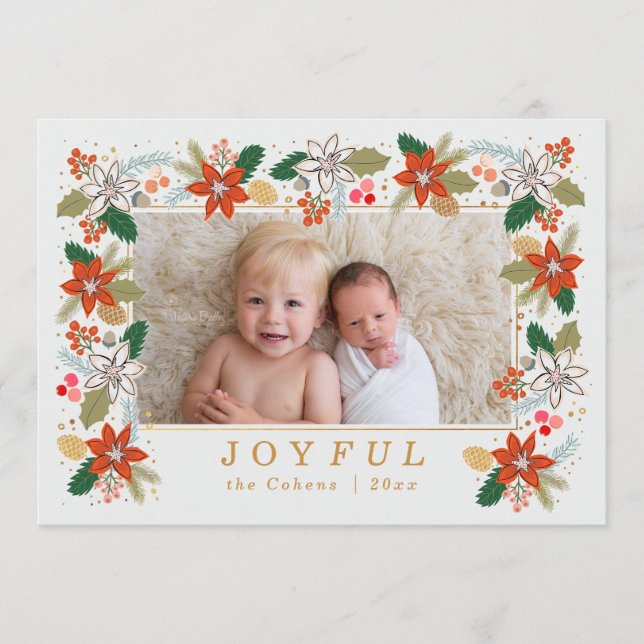 Christmas Poinsettias & Pine Horizontal Photo Card (Front)
