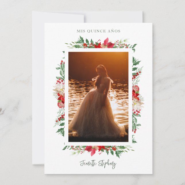 Christmas Poinsettias Spanish Quinceañera Photo  Invitation (Front)