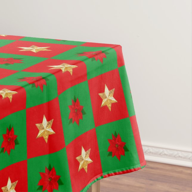 Christmas Poinsettias & Stars on Red & Green Tablecloth (In Situ)